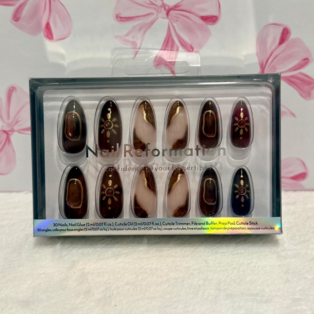 Nail Reformation Press On Nails‎ Brown Gold Accent Sun Stone Almond 30 Nails